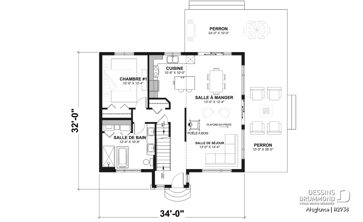 Rez-de-chaussée - Modèle de Chalet lumineux avec mezzanine et plafond en pente, parfait pour terrain au bord d’un lac. - Ataglance