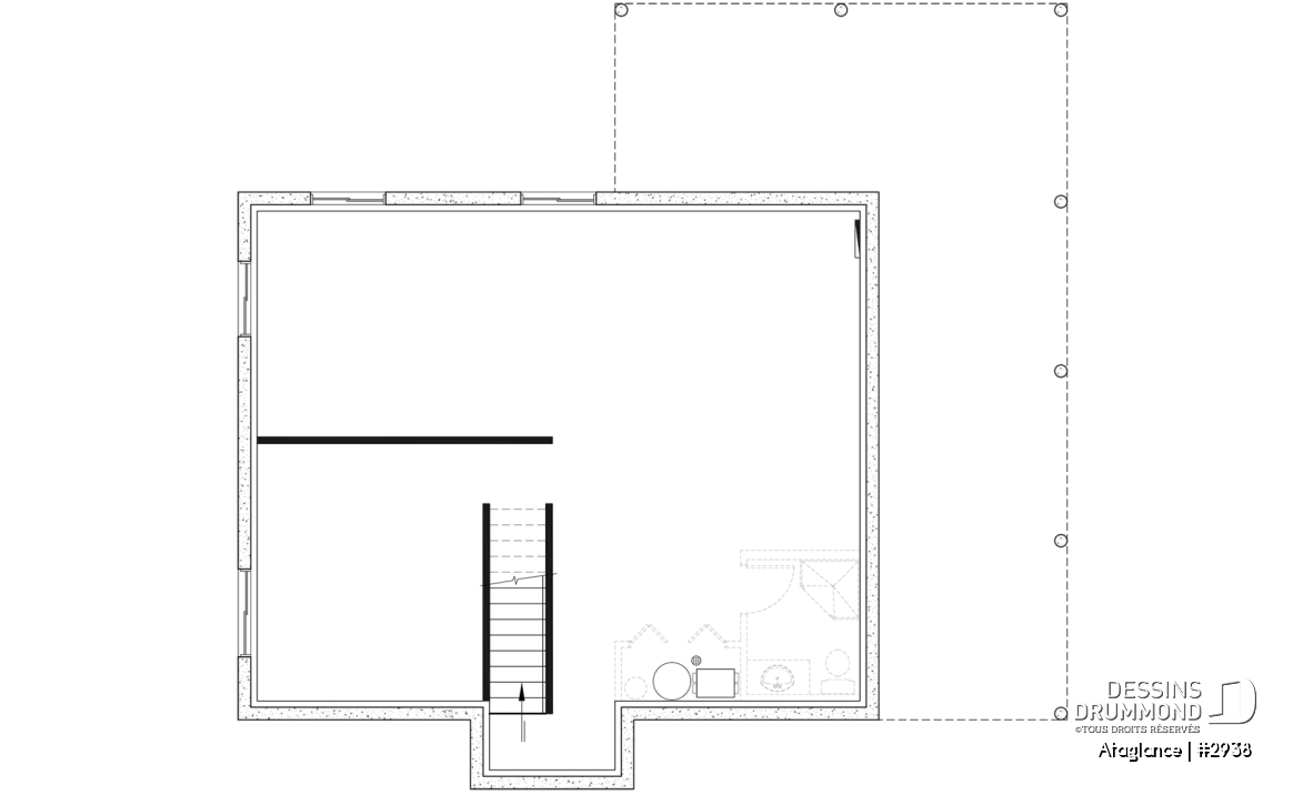 Sous-sol aménageable - Plan de Chalet lumineux avec mezzanine et plafond en pente, parfait pour terrain au bord d’un lac. - Ataglance