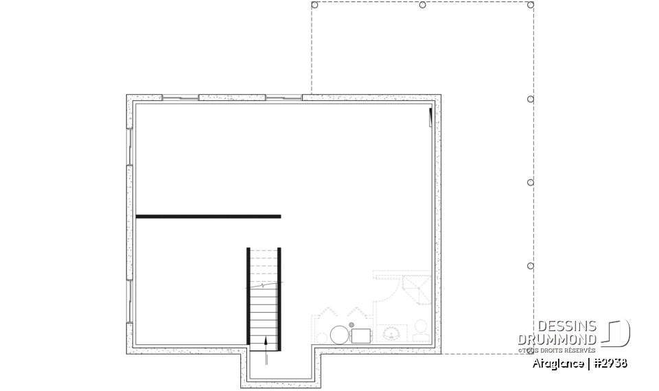 Sous-sol aménageable - Plan de Chalet lumineux avec mezzanine et plafond en pente, parfait pour terrain au bord d’un lac. - Ataglance
