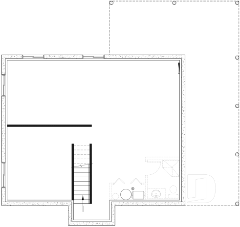 Sous-sol aménageable - Plan de Chalet lumineux avec mezzanine et plafond en pente, parfait pour terrain au bord d’un lac. - Ataglance