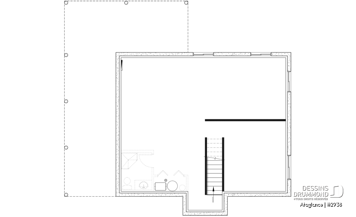 Sous-sol aménageable - Plan de Chalet lumineux avec mezzanine et plafond en pente, parfait pour terrain au bord d’un lac. - Ataglance