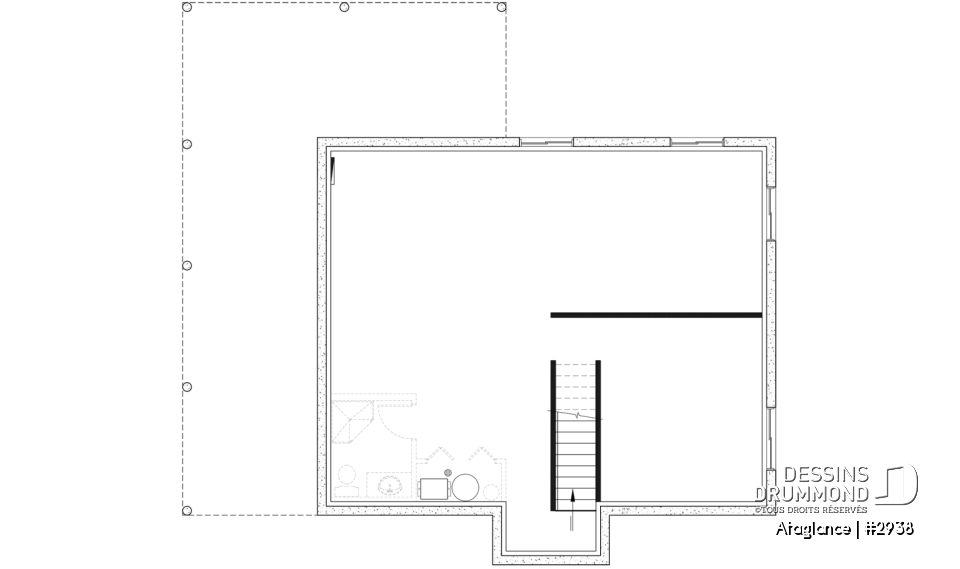 Sous-sol aménageable - Plan de Chalet lumineux avec mezzanine et plafond en pente, parfait pour terrain au bord d’un lac. - Ataglance