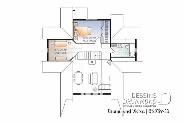Étage - Plan de maison ou chalet, superbe suite chambre des maîtres, plancher ouvert, mezzanine, grand balcon abrité - Drummond Vistas
