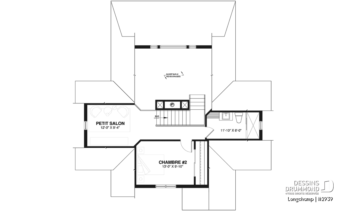 Étage - Plan de chalet, 2 chambres + loft, grand balcon couvert, plancher à aire ouverte, mezzanine, foyer - Longchamp