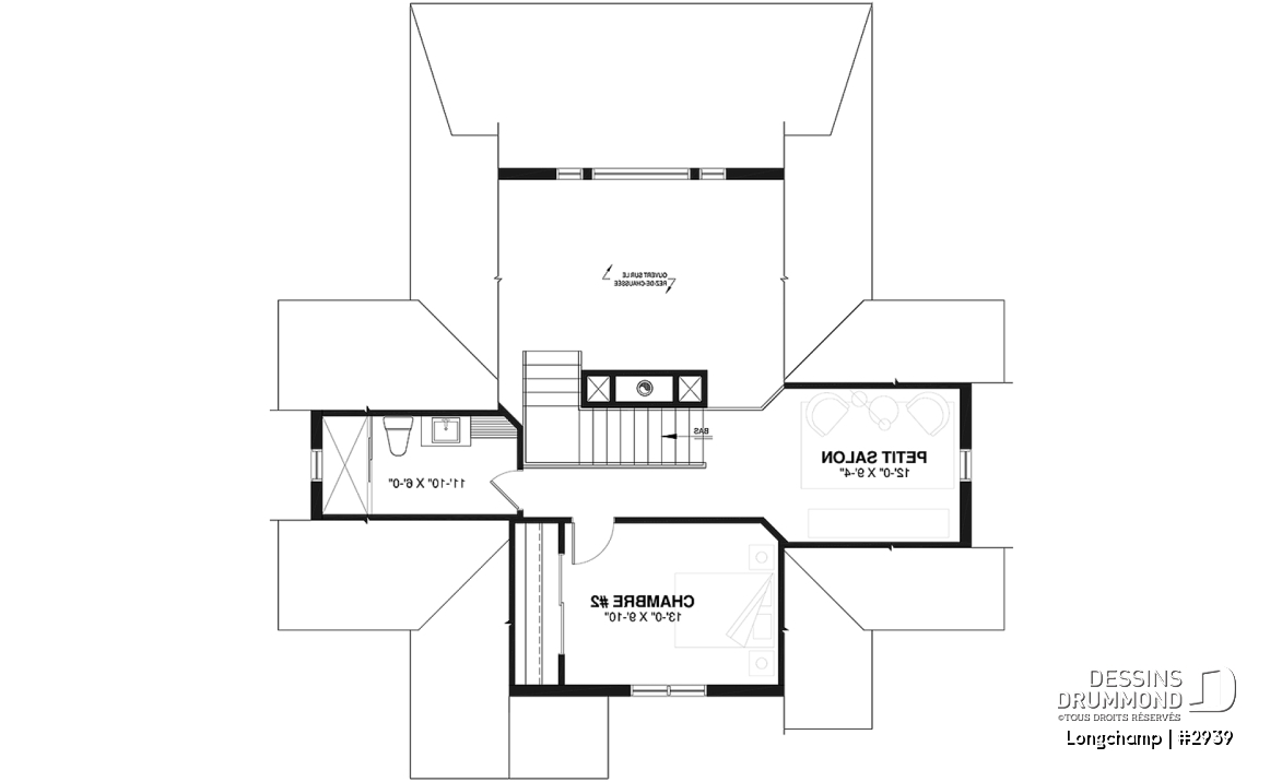Étage - Plan de chalet, 2 chambres + loft, grand balcon couvert, plancher à aire ouverte, mezzanine, foyer - Longchamp