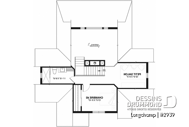 Étage - Plan de chalet, 2 chambres + loft, grand balcon couvert, plancher à aire ouverte, mezzanine, foyer - Longchamp