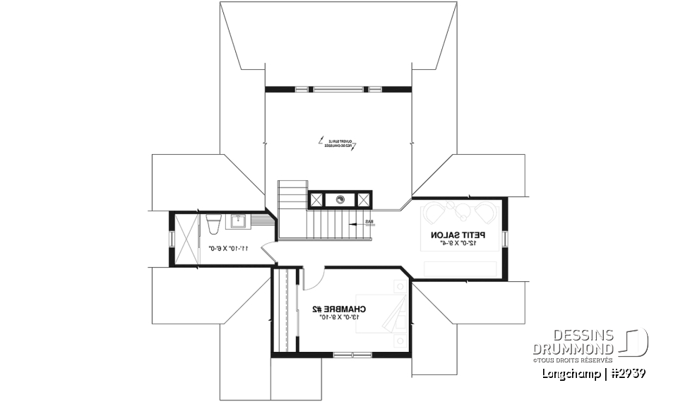 Étage - Plan de chalet, 2 chambres + loft, grand balcon couvert, plancher à aire ouverte, mezzanine, foyer - Longchamp