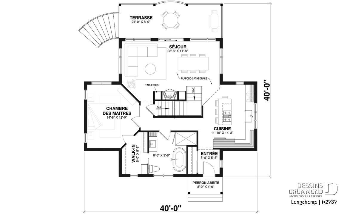 Rez-de-chaussée - Plan de chalet, 2 chambres + loft, grand balcon couvert, plancher à aire ouverte, mezzanine, foyer - Longchamp