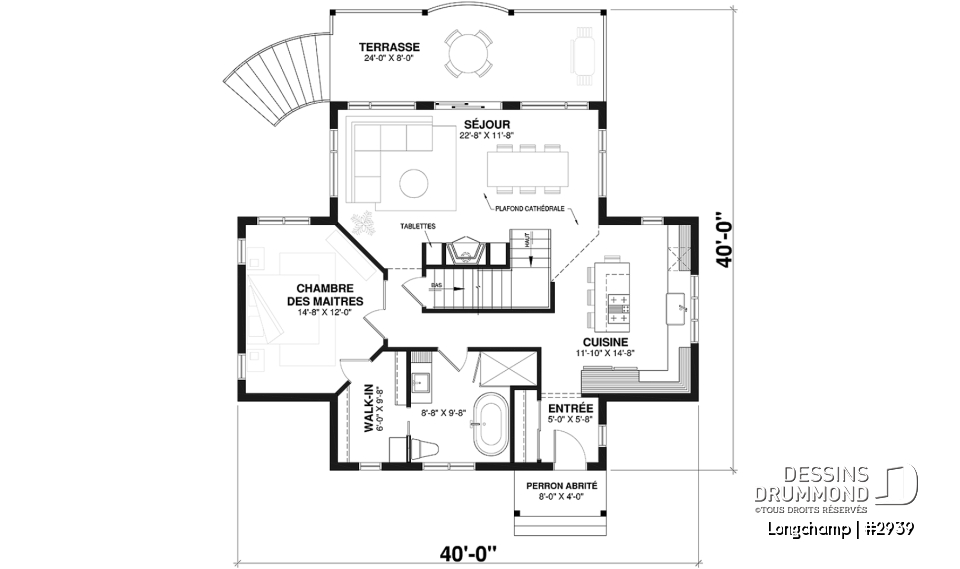 Rez-de-chaussée - Plan de chalet, 2 chambres + loft, grand balcon couvert, plancher à aire ouverte, mezzanine, foyer - Longchamp