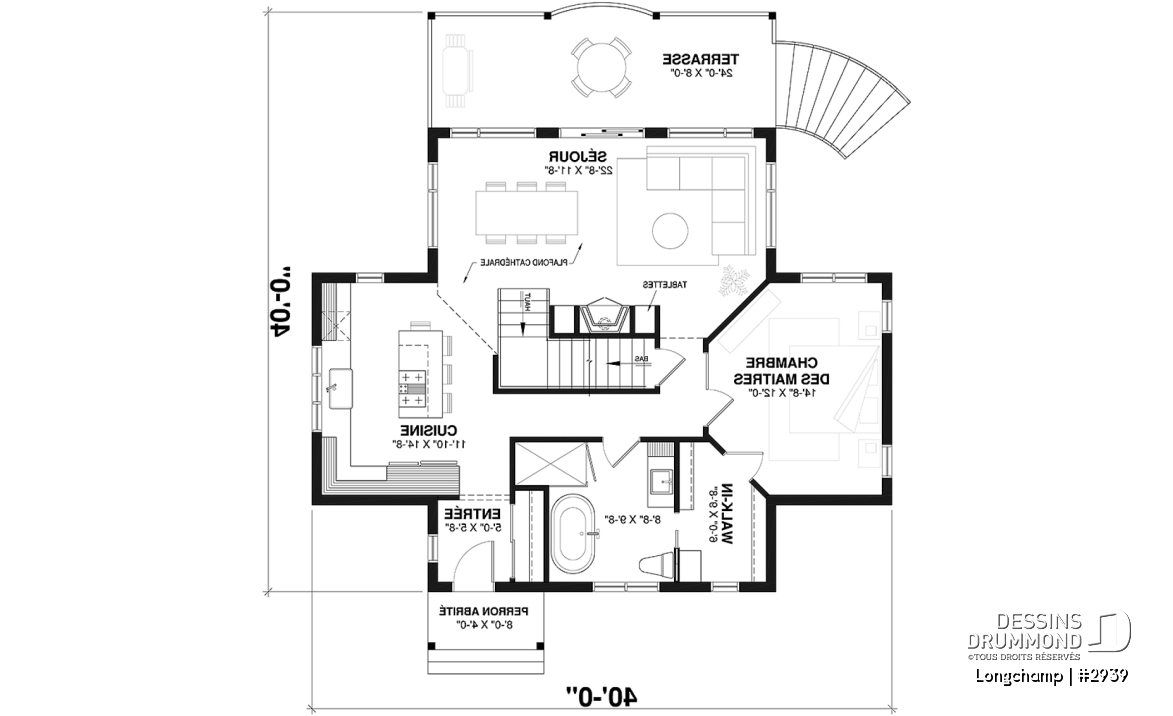 Rez-de-chaussée - Plan de chalet, 2 chambres + loft, grand balcon couvert, plancher à aire ouverte, mezzanine, foyer - Longchamp