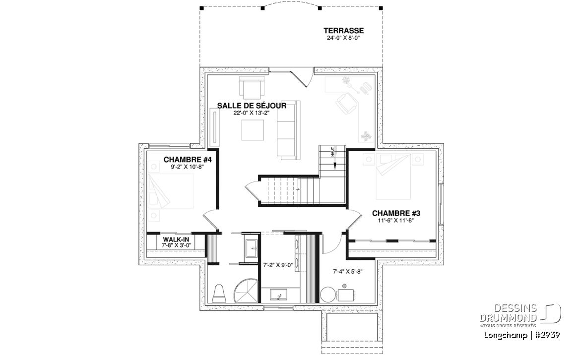 Sous-sol - Plan de chalet, 2 chambres + loft, grand balcon couvert, plancher à aire ouverte, mezzanine, foyer - Longchamp