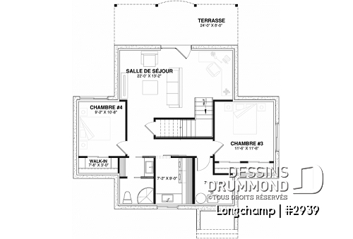 Sous-sol - Plan de chalet, 2 chambres + loft, grand balcon couvert, plancher à aire ouverte, mezzanine, foyer - Longchamp