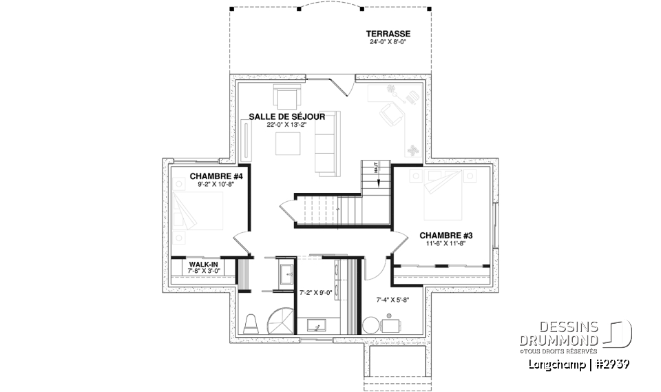 Sous-sol - Plan de chalet, 2 chambres + loft, grand balcon couvert, plancher à aire ouverte, mezzanine, foyer - Longchamp