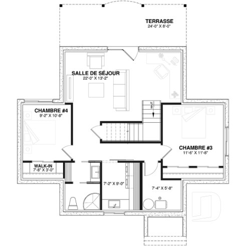 Sous-sol - Plan de chalet, 2 chambres + loft, grand balcon couvert, plancher à aire ouverte, mezzanine, foyer - Longchamp
