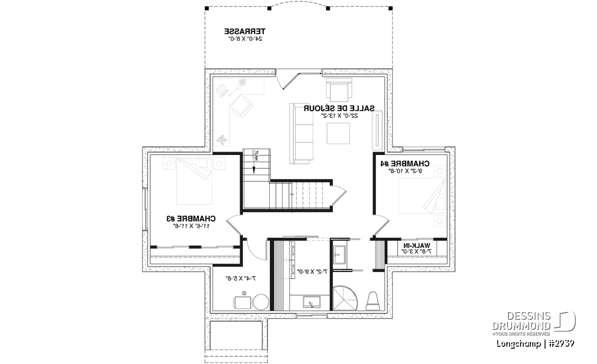 Sous-sol - Plan de chalet, 2 chambres + loft, grand balcon couvert, plancher à aire ouverte, mezzanine, foyer - Longchamp