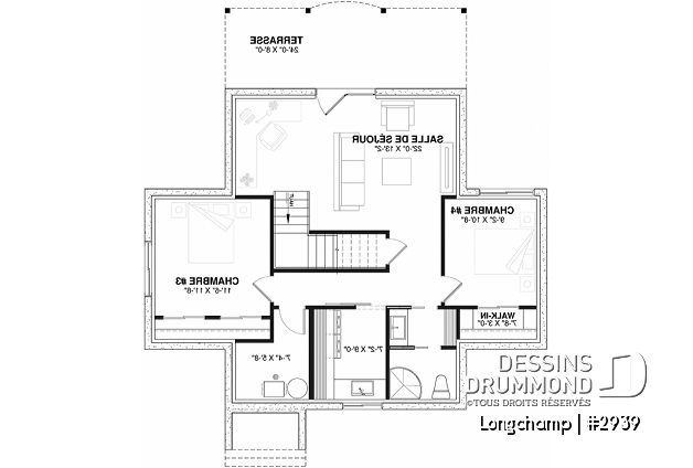 Sous-sol - Plan de chalet, 2 chambres + loft, grand balcon couvert, plancher à aire ouverte, mezzanine, foyer - Longchamp