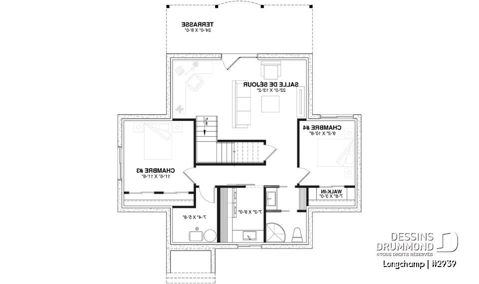 Sous-sol - Plan de chalet, 2 chambres + loft, grand balcon couvert, plancher à aire ouverte, mezzanine, foyer - Longchamp
