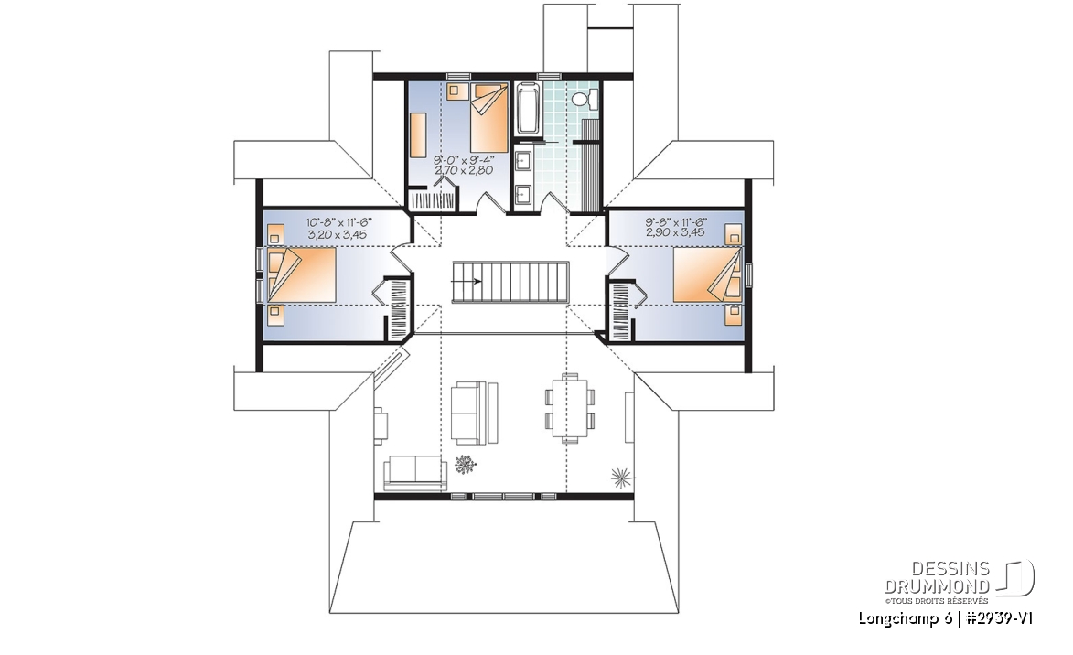 Étage - Plan de maison style chalet 4 chambres, mezzanine, bord de l'eau, chambre maîtres au rez-de-chaussé - Longchamp 6