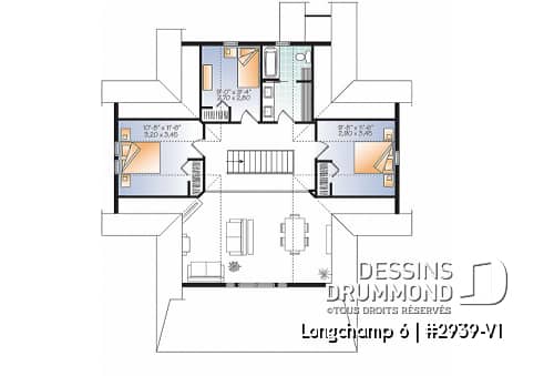 Étage - Plan de maison style chalet 4 chambres, mezzanine, bord de l'eau, chambre maîtres au rez-de-chaussé - Longchamp 6
