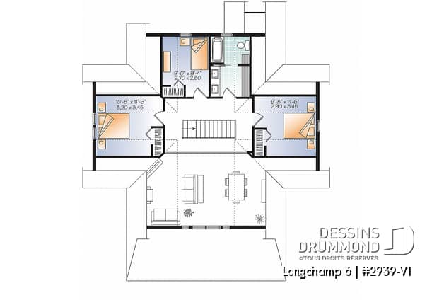 Étage - Plan de maison style chalet 4 chambres, mezzanine, bord de l'eau, chambre maîtres au rez-de-chaussé - Longchamp 6