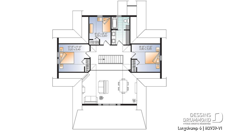 Étage - Plan de maison style chalet 4 chambres, mezzanine, bord de l'eau, chambre maîtres au rez-de-chaussé - Longchamp 6