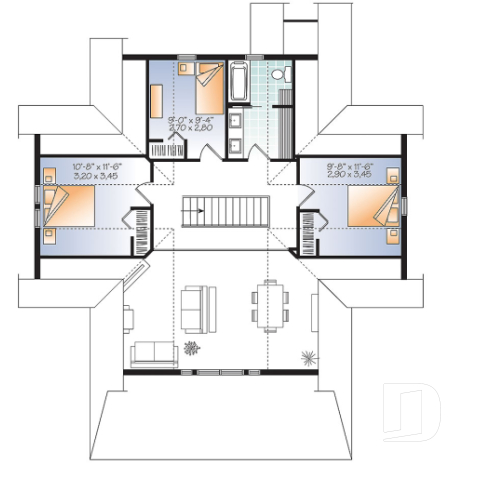 Étage - Plan de maison style chalet 4 chambres, mezzanine, bord de l'eau, chambre maîtres au rez-de-chaussé - Longchamp 6