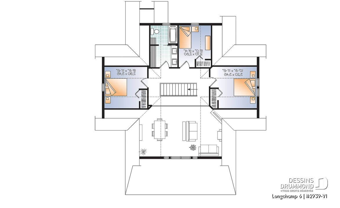Étage - Plan de maison style chalet 4 chambres, mezzanine, bord de l'eau, chambre maîtres au rez-de-chaussé - Longchamp 6