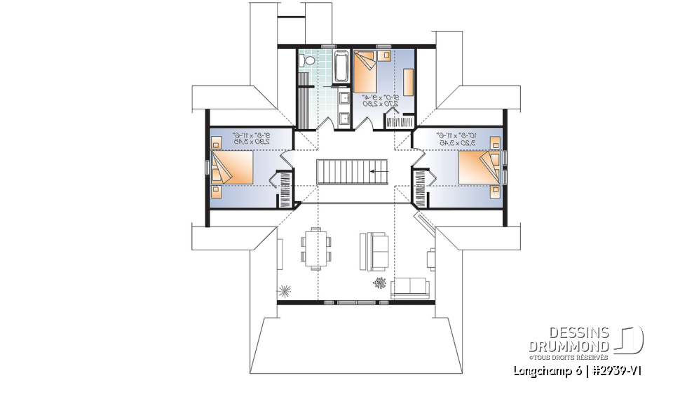 Étage - Plan de maison style chalet 4 chambres, mezzanine, bord de l'eau, chambre maîtres au rez-de-chaussé - Longchamp 6