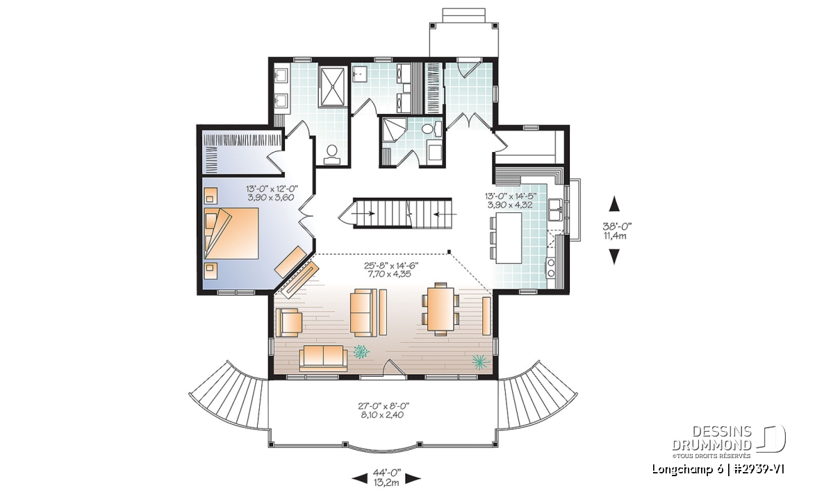 Rez-de-chaussée - Plan de maison style chalet 4 chambres, mezzanine, bord de l'eau, chambre maîtres au rez-de-chaussé - Longchamp 6