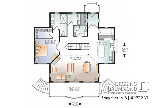 Rez-de-chaussée - Plan de maison style chalet 4 chambres, mezzanine, bord de l'eau, chambre maîtres au rez-de-chaussé - Longchamp 6