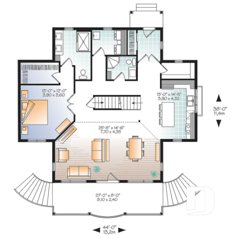 Rez-de-chaussée - Plan de maison style chalet 4 chambres, mezzanine, bord de l'eau, chambre maîtres au rez-de-chaussé - Longchamp 6