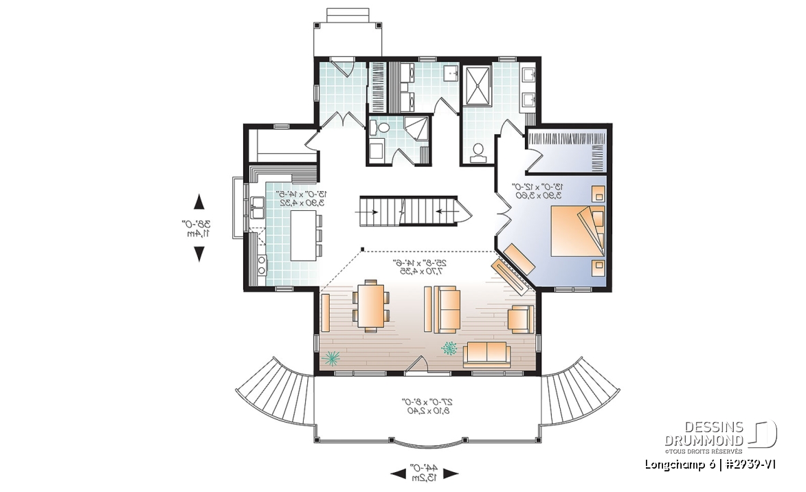 Rez-de-chaussée - Plan de maison style chalet 4 chambres, mezzanine, bord de l'eau, chambre maîtres au rez-de-chaussé - Longchamp 6