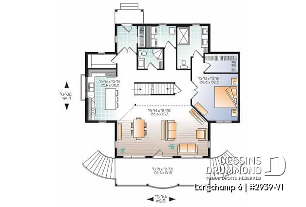 Rez-de-chaussée - Plan de maison style chalet 4 chambres, mezzanine, bord de l'eau, chambre maîtres au rez-de-chaussé - Longchamp 6