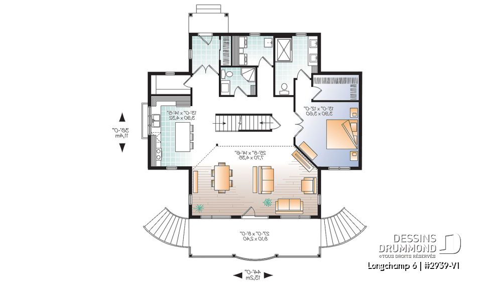 Rez-de-chaussée - Plan de maison style chalet 4 chambres, mezzanine, bord de l'eau, chambre maîtres au rez-de-chaussé - Longchamp 6