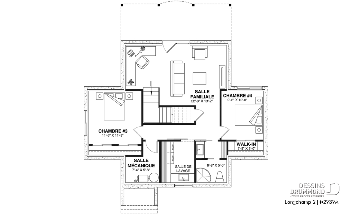 Sous-sol - Superbe maison de campagne, plan de 2 chambres + loft à l'étage, mezzanine, aire ouverte - Longchamp 2