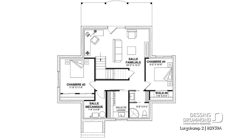 Sous-sol - Superbe maison de campagne, plan de 2 chambres + loft à l'étage, mezzanine, aire ouverte - Longchamp 2