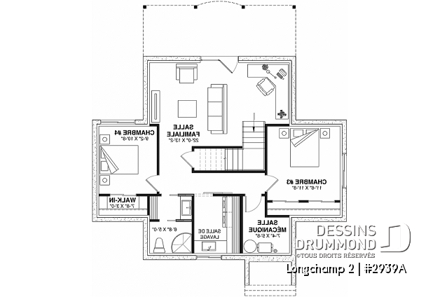 Sous-sol - Superbe maison de campagne, plan de 2 chambres + loft à l'étage, mezzanine, aire ouverte - Longchamp 2