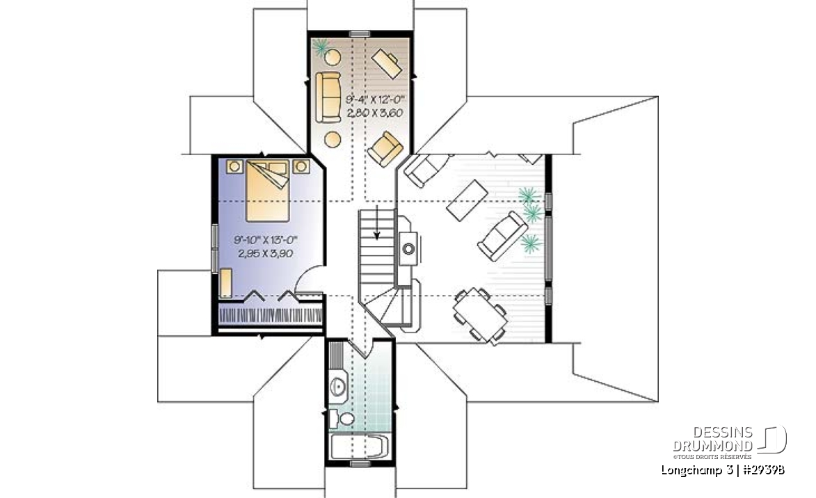 Étage - Plan de maison style chalet à la campagne, 2 chambres + loft à l'étage, mezzanine, belle terrasse abritée - Longchamp 3