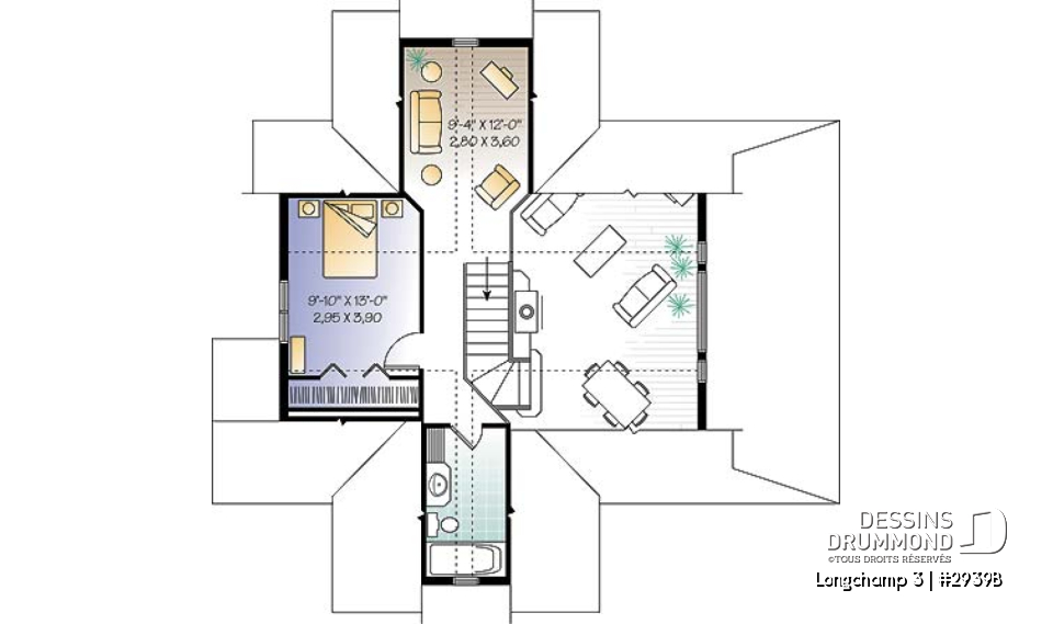 Étage - Plan de maison style chalet à la campagne, 2 chambres + loft à l'étage, mezzanine, belle terrasse abritée - Longchamp 3