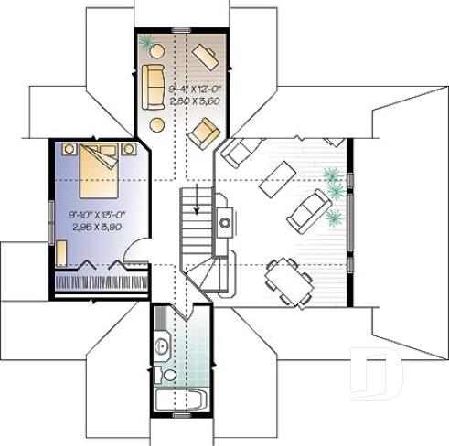 Étage - Plan de maison style chalet à la campagne, 2 chambres + loft à l'étage, mezzanine, belle terrasse abritée - Longchamp 3