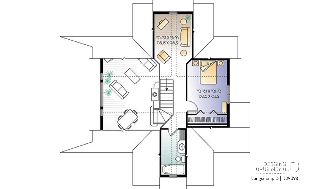 Étage - Plan de maison style chalet à la campagne, 2 chambres + loft à l'étage, mezzanine, belle terrasse abritée - Longchamp 3