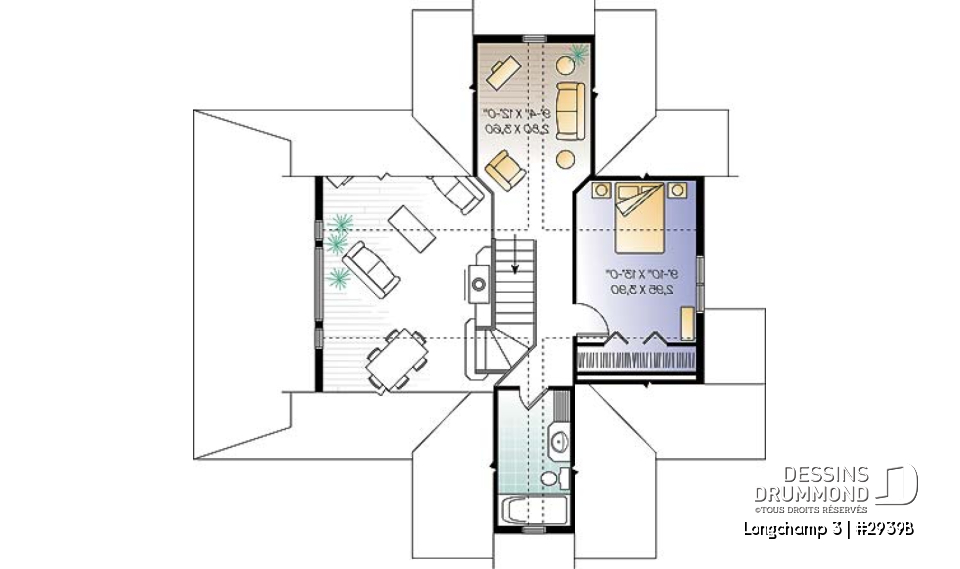 Étage - Plan de maison style chalet à la campagne, 2 chambres + loft à l'étage, mezzanine, belle terrasse abritée - Longchamp 3