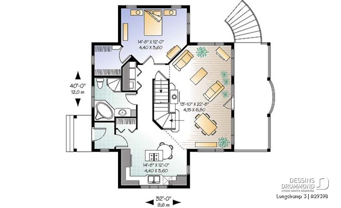 Rez-de-chaussée - Plan de maison style chalet à la campagne, 2 chambres + loft à l'étage, mezzanine, belle terrasse abritée - Longchamp 3