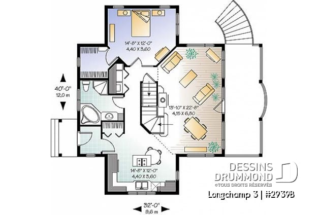 Rez-de-chaussée - Plan de maison style chalet à la campagne, 2 chambres + loft à l'étage, mezzanine, belle terrasse abritée - Longchamp 3