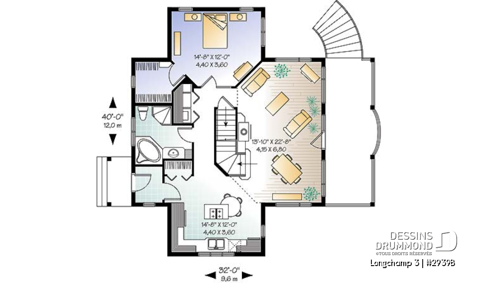 Rez-de-chaussée - Plan de maison style chalet à la campagne, 2 chambres + loft à l'étage, mezzanine, belle terrasse abritée - Longchamp 3