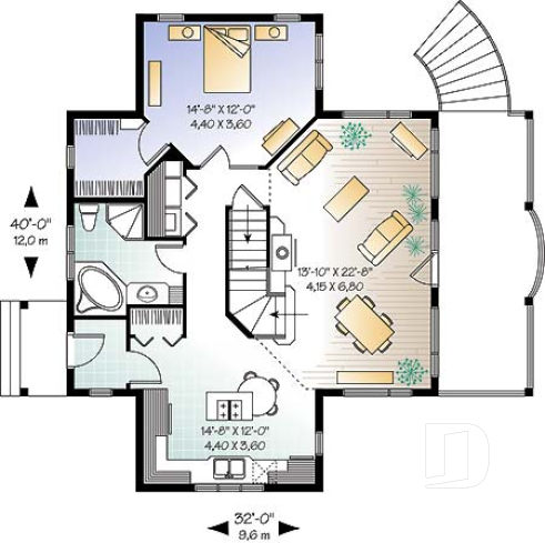 Rez-de-chaussée - Plan de maison style chalet à la campagne, 2 chambres + loft à l'étage, mezzanine, belle terrasse abritée - Longchamp 3