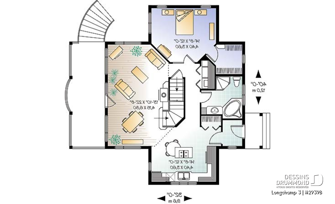 Rez-de-chaussée - Plan de maison style chalet à la campagne, 2 chambres + loft à l'étage, mezzanine, belle terrasse abritée - Longchamp 3