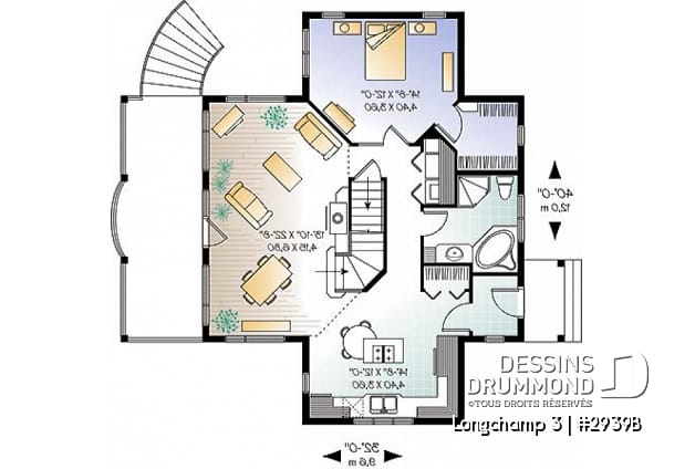 Rez-de-chaussée - Plan de maison style chalet à la campagne, 2 chambres + loft à l'étage, mezzanine, belle terrasse abritée - Longchamp 3
