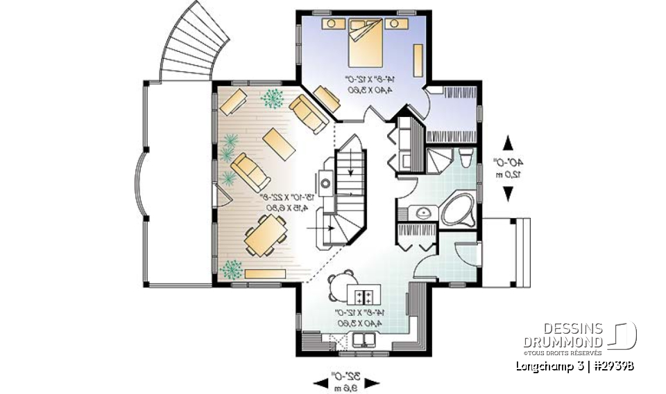 Rez-de-chaussée - Plan de maison style chalet à la campagne, 2 chambres + loft à l'étage, mezzanine, belle terrasse abritée - Longchamp 3