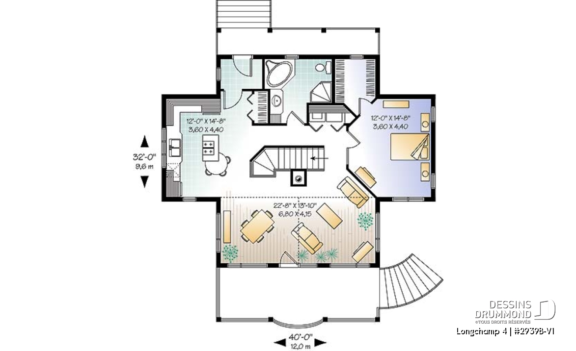 Rez-de-chaussée - Plan de chalet à la montagne ou ski, 1 à 4 chambres, séjour au sous-sol, cathédral, belle fenestration - Longchamp 4